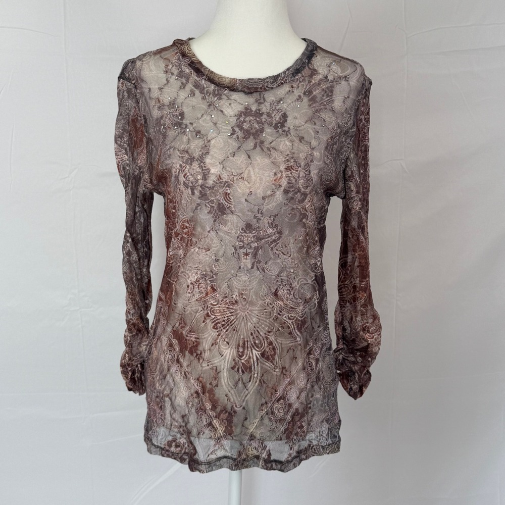 Boho Festival Western Womens Brown Paisley Mesh Rhinestone Long Sleeve Top Y2K M - Picture 1 of 9